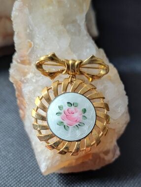 Vintage Guilloche Floral Enamel Articulated  Brooch